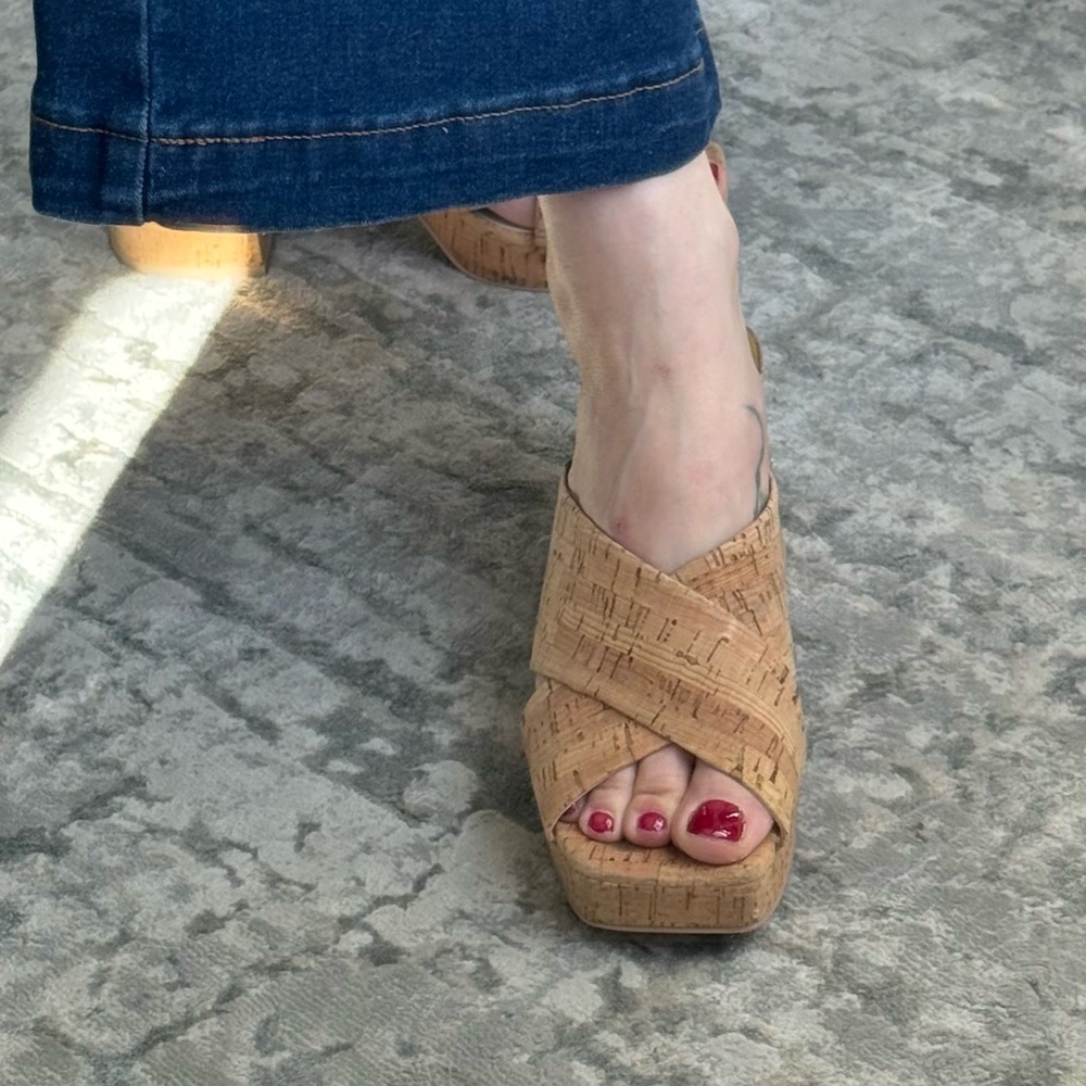 Cork Platform Mule Heels in Natural Tan - Picture 3 of 4